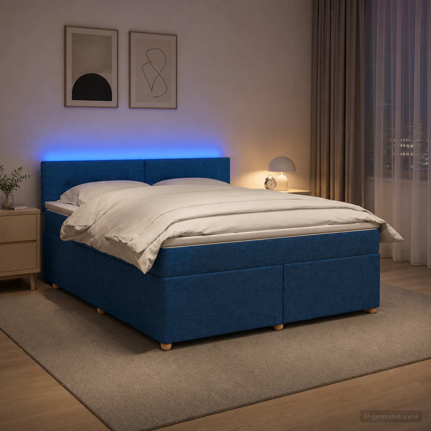 Boxspring ágy matraccal LED szalagokkal Kék 180 x 200 cm Szövet