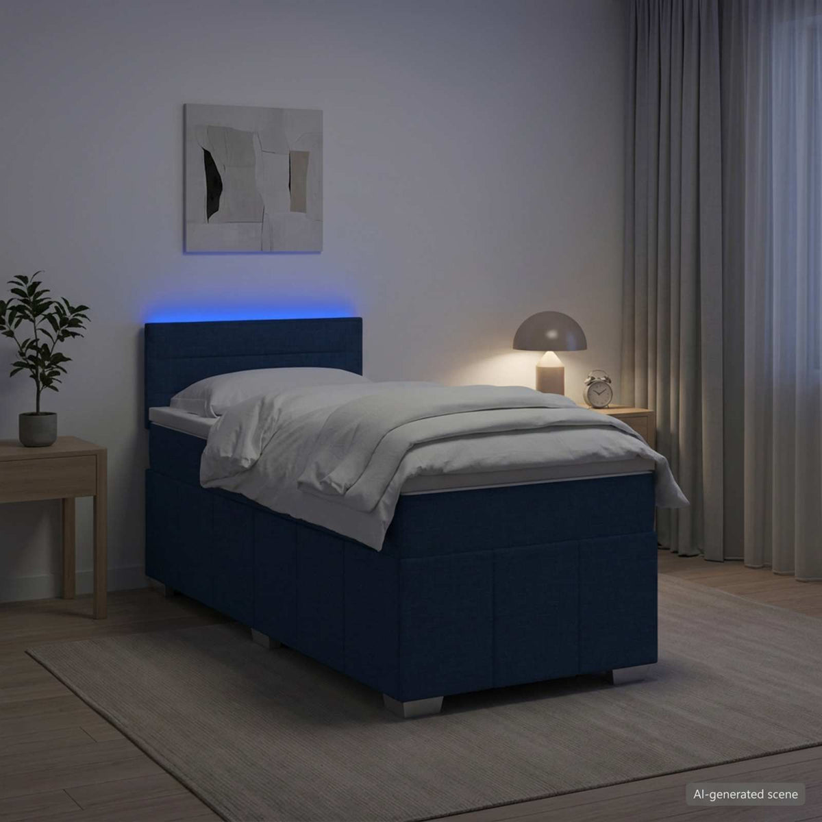 Boxspring ágy matraccal LED szalagokkal Kék 100 x 200 cm Szövet
