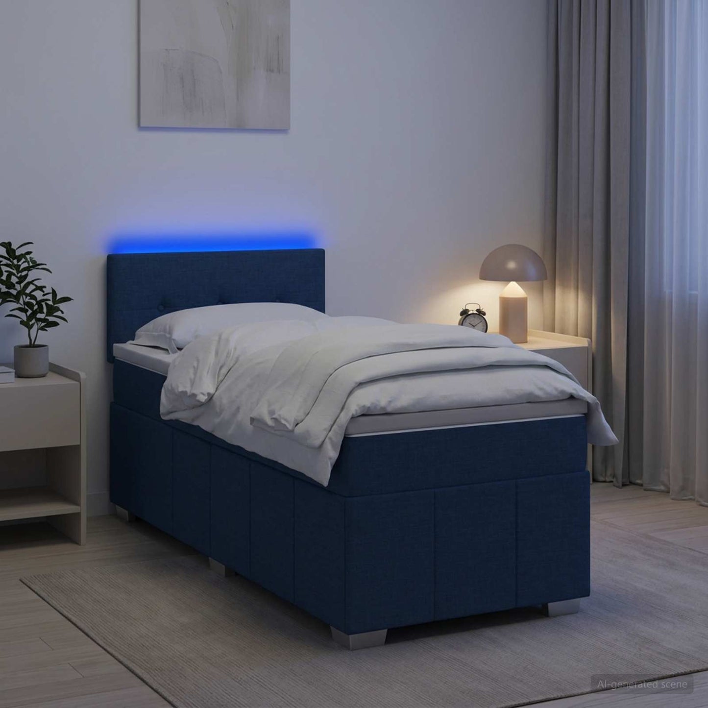 Boxspring ágy matraccal LED szalagokkal Kék 90 x 200 cm Szövet