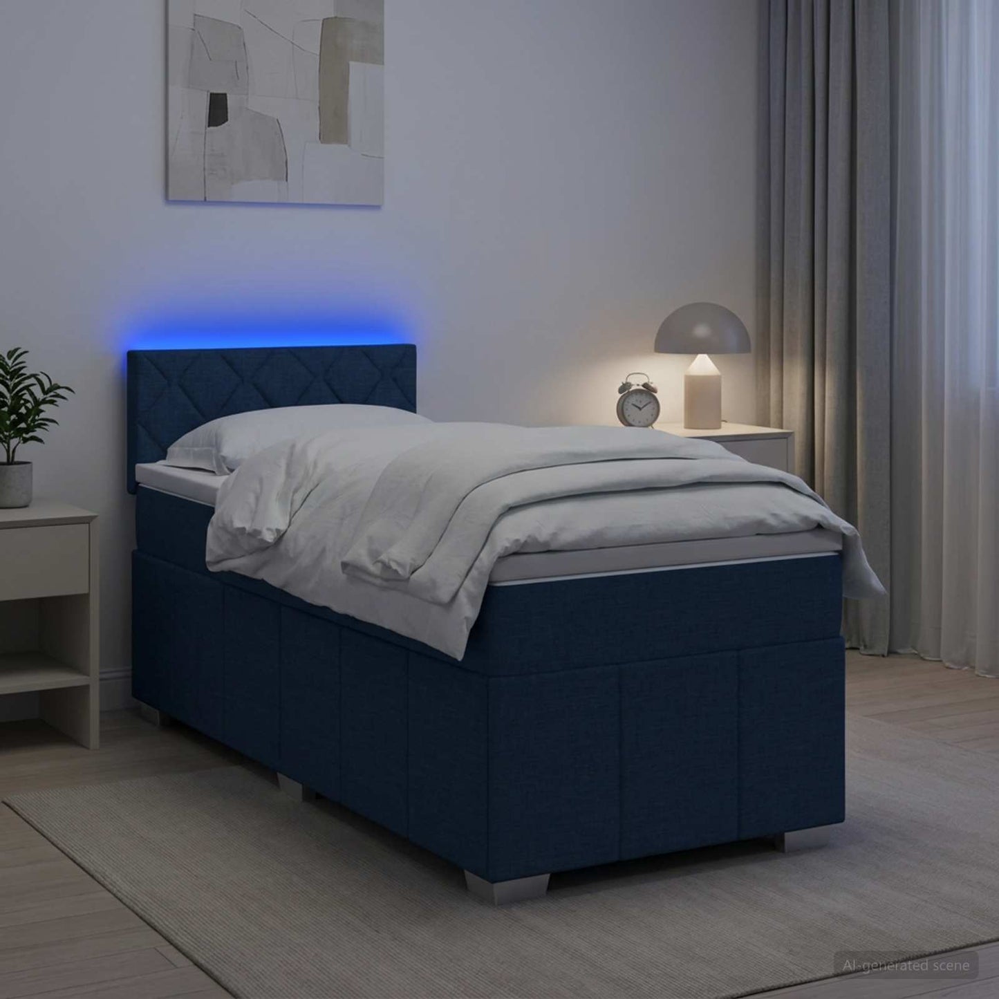 Boxspring ágy matraccal LED szalagokkal Kék 100 x 200 cm Szövet