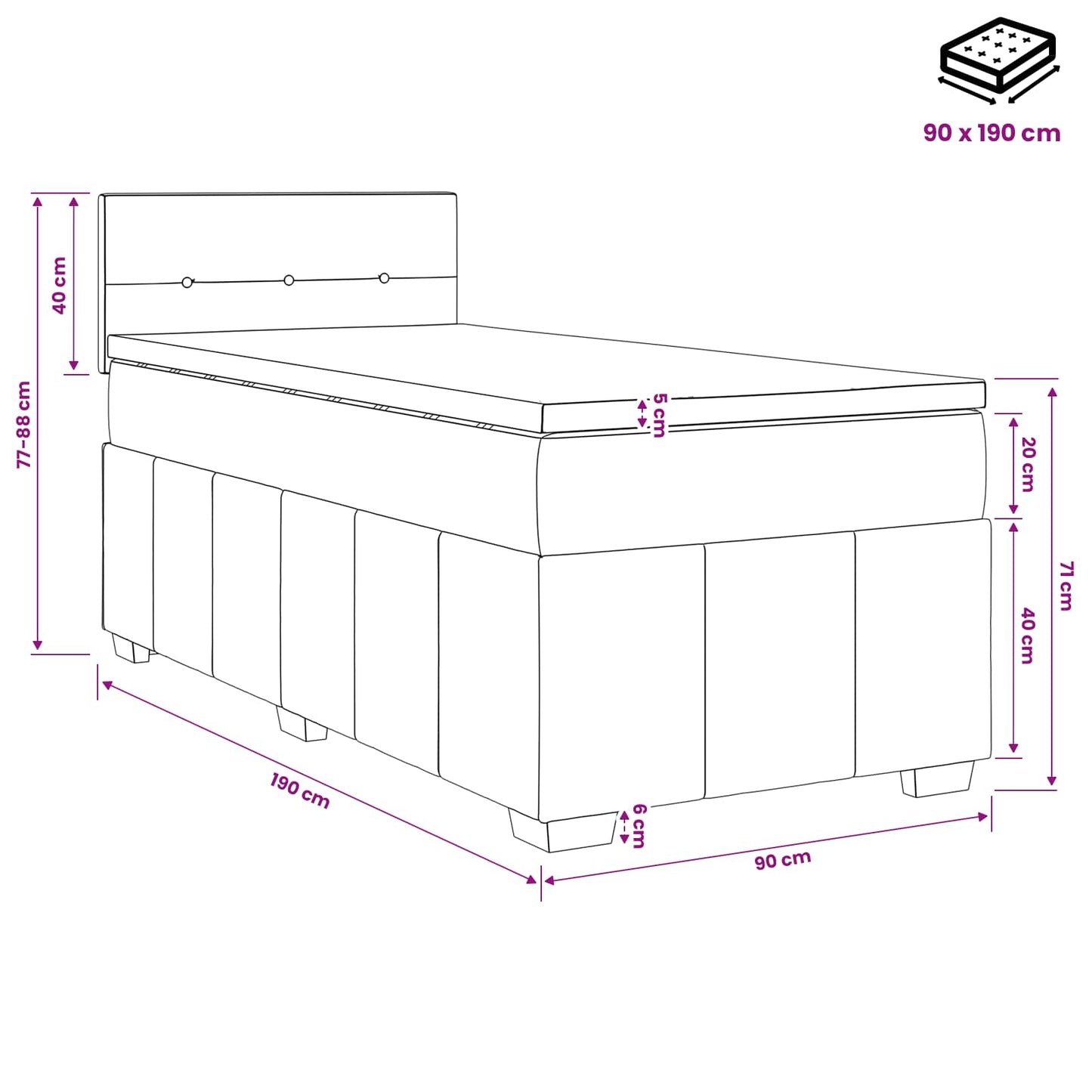 Boxspring ágy matraccal fejtámlával Fekete 90 x 190 cm Szövet
