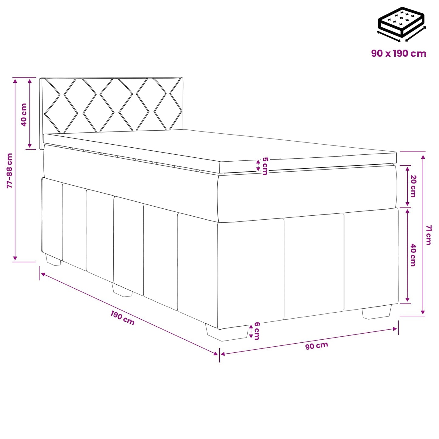 Boxspring ágy matraccal fejtámlával Fekete 90 x 190 cm Szövet