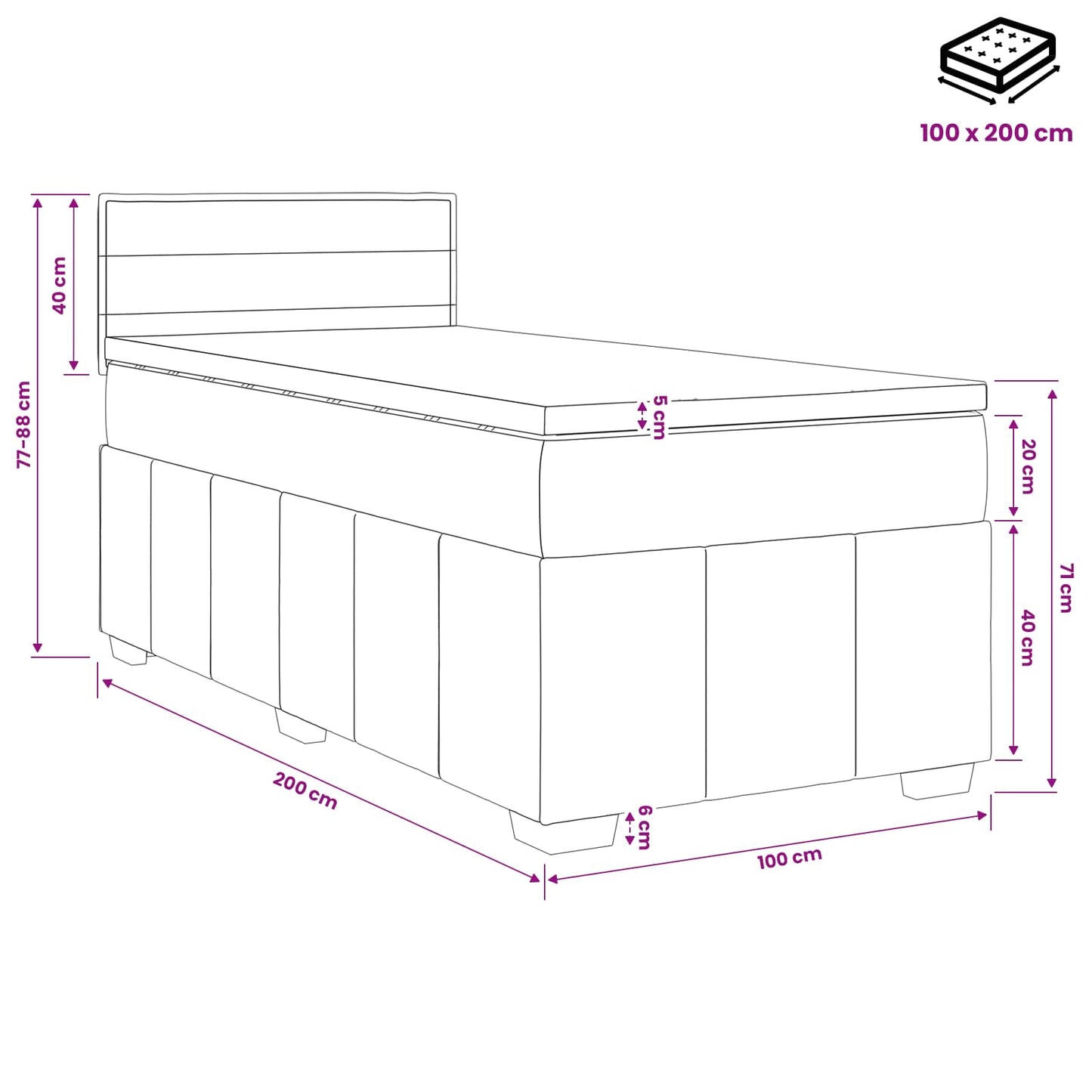 Boxspring ágy matraccal fejtámlával Fekete 100 x 200 cm Szövet