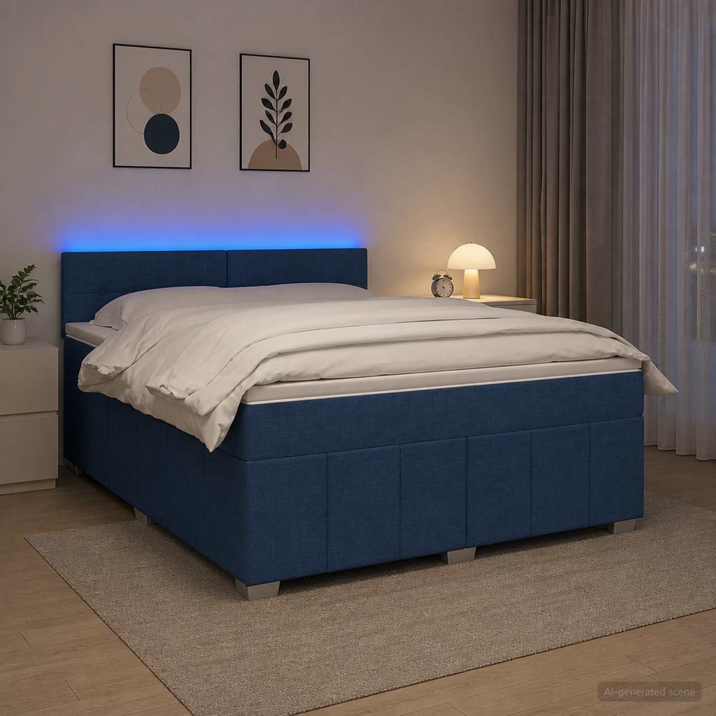Boxspring ágy matraccal LED szalagokkal Kék 140 x 200 cm Szövet
