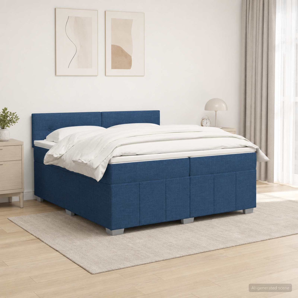 Boxspring ágy matraccal LED szalagokkal Kék 200 x 200 cm Szövet