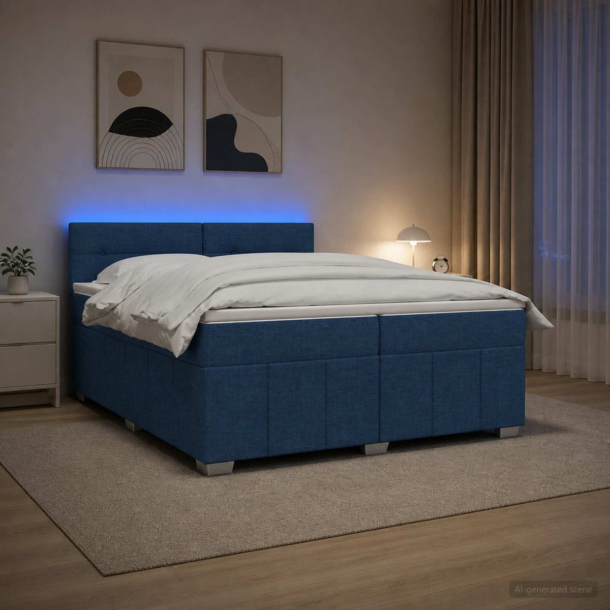 Boxspring ágy matraccal LED szalagokkal Kék 200 x 200 cm Szövet