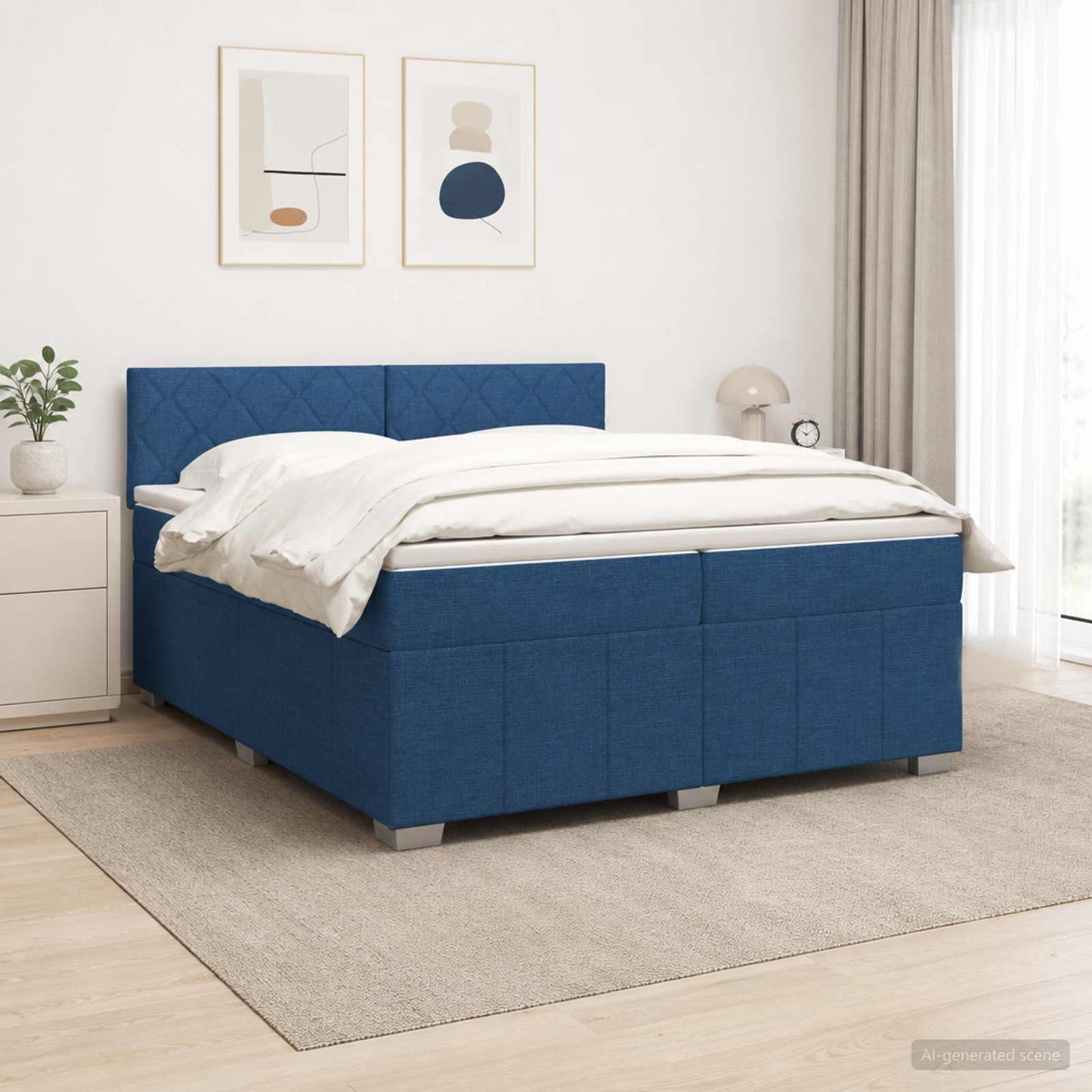 Boxspring ágy matraccal LED szalagokkal Kék 200 x 200 cm Szövet