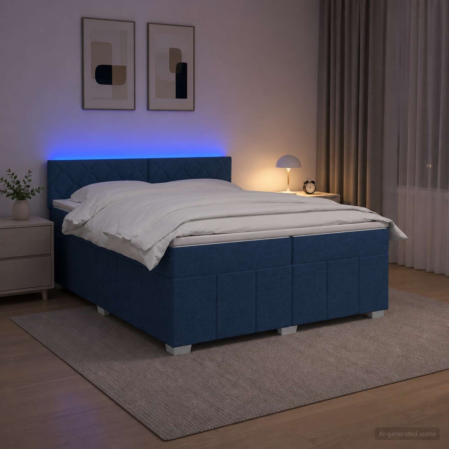 Boxspring ágy matraccal LED szalagokkal Kék 200 x 200 cm Szövet