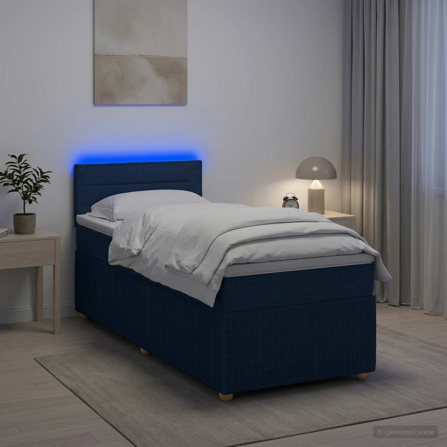 Boxspring ágy matraccal LED szalagokkal Kék 100 x 200 cm Szövet