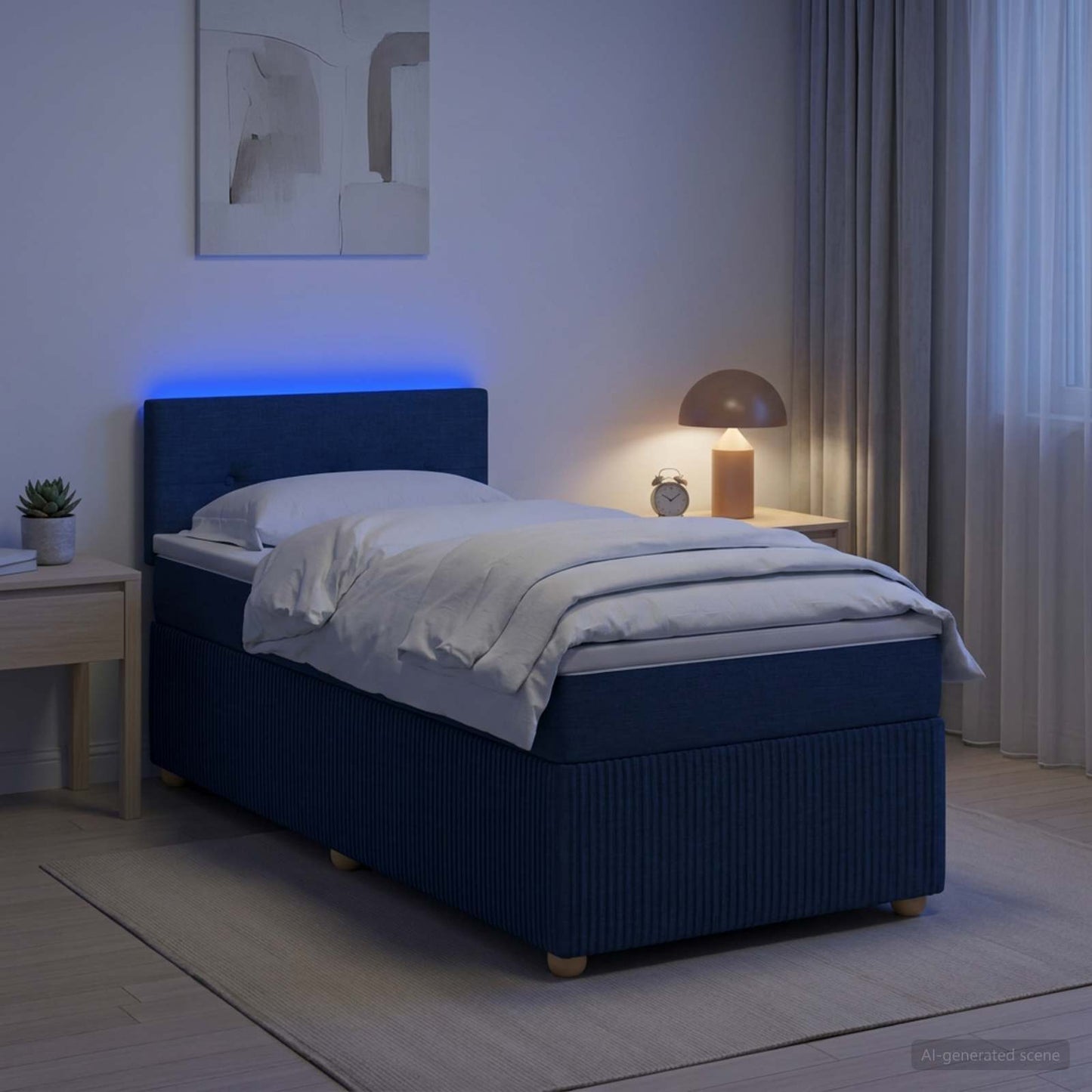 Boxspring ágy matraccal LED szalagokkal Kék 90 x 190 cm Szövet