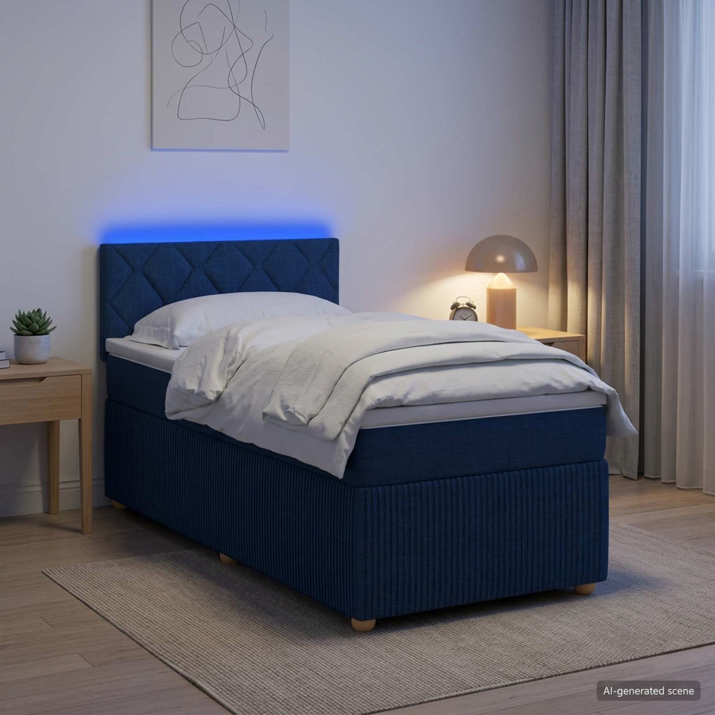 Boxspring ágy matraccal LED szalagokkal Kék 90 x 200 cm Szövet