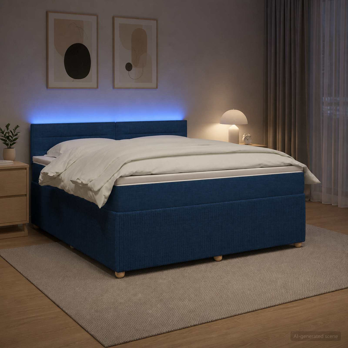 Boxspring ágy matraccal LED szalagokkal Kék 180 x 200 cm Szövet