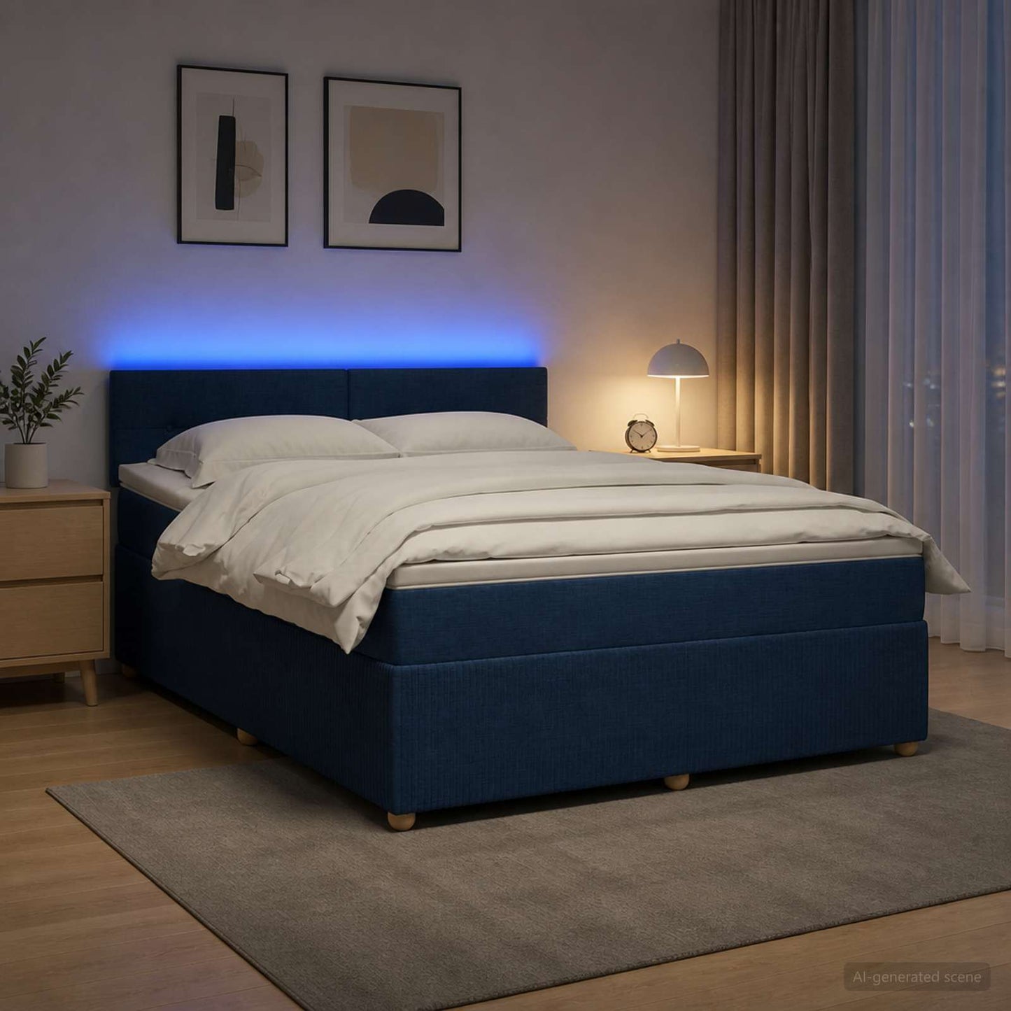 Boxspring ágy matraccal LED szalagokkal Kék 140 x 200 cm Szövet