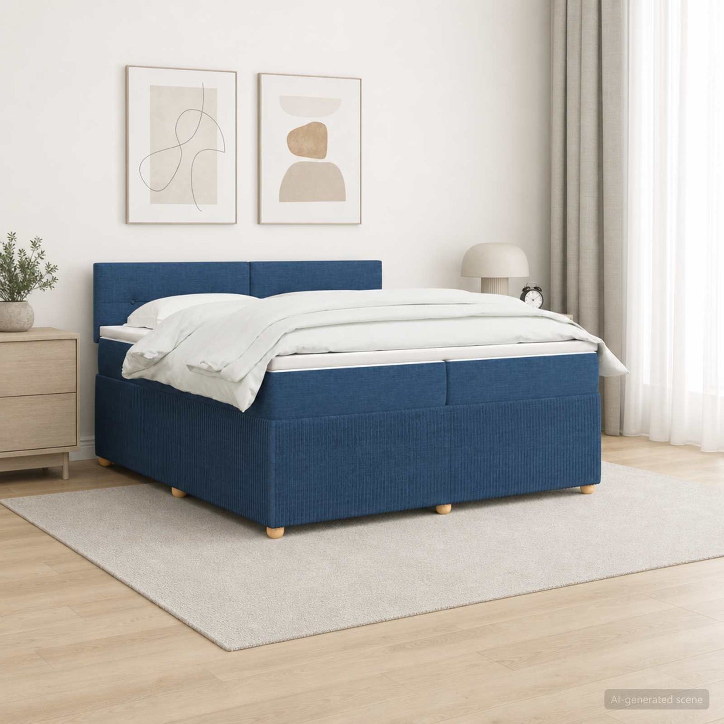 Boxspring ágy matraccal LED szalagokkal Kék 200 x 200 cm Szövet