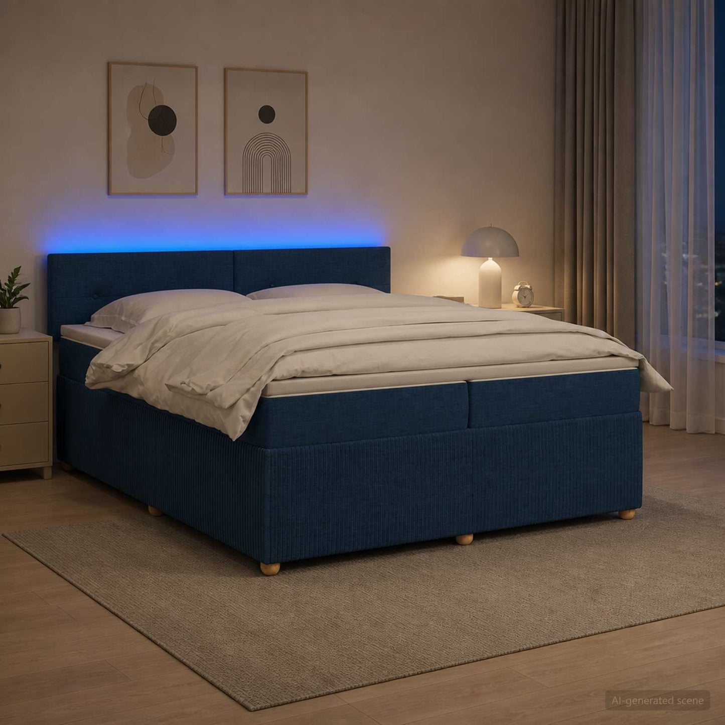 Boxspring ágy matraccal LED szalagokkal Kék 200 x 200 cm Szövet
