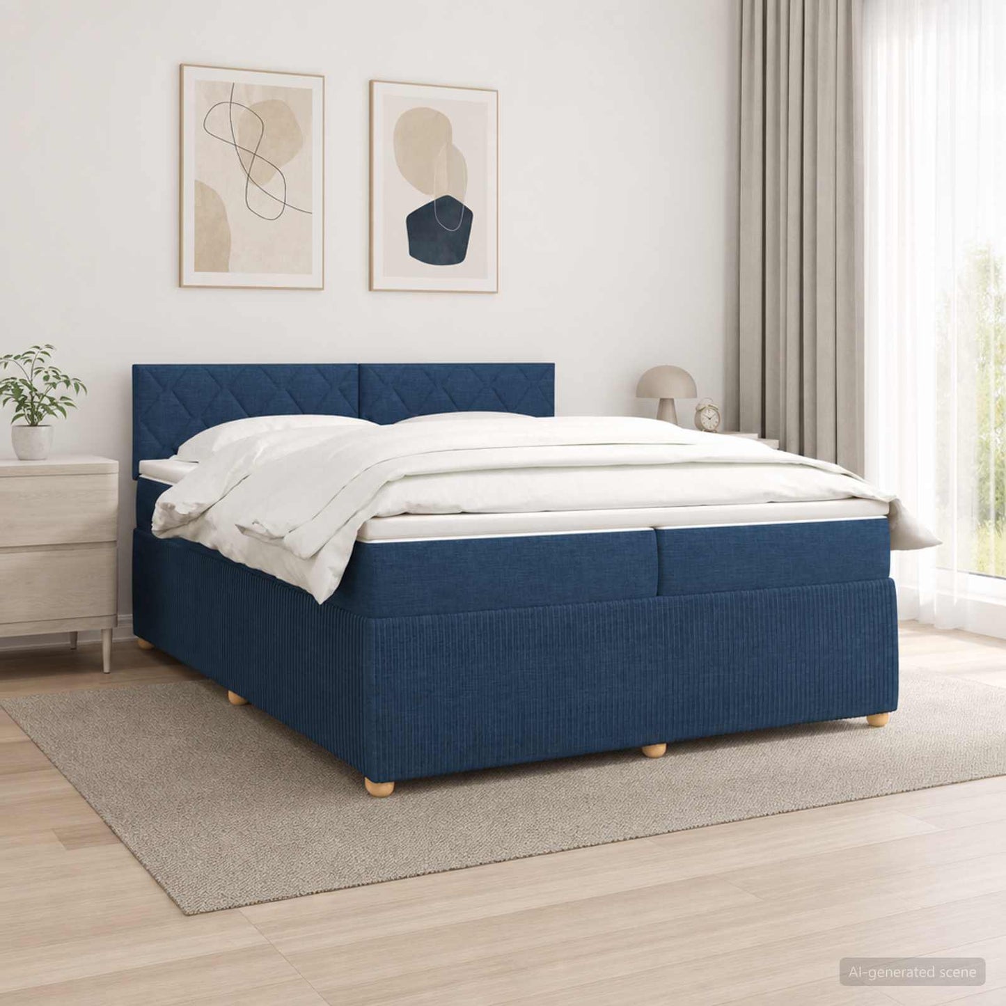 Boxspring ágy matraccal LED szalagokkal Kék 200 x 200 cm Szövet