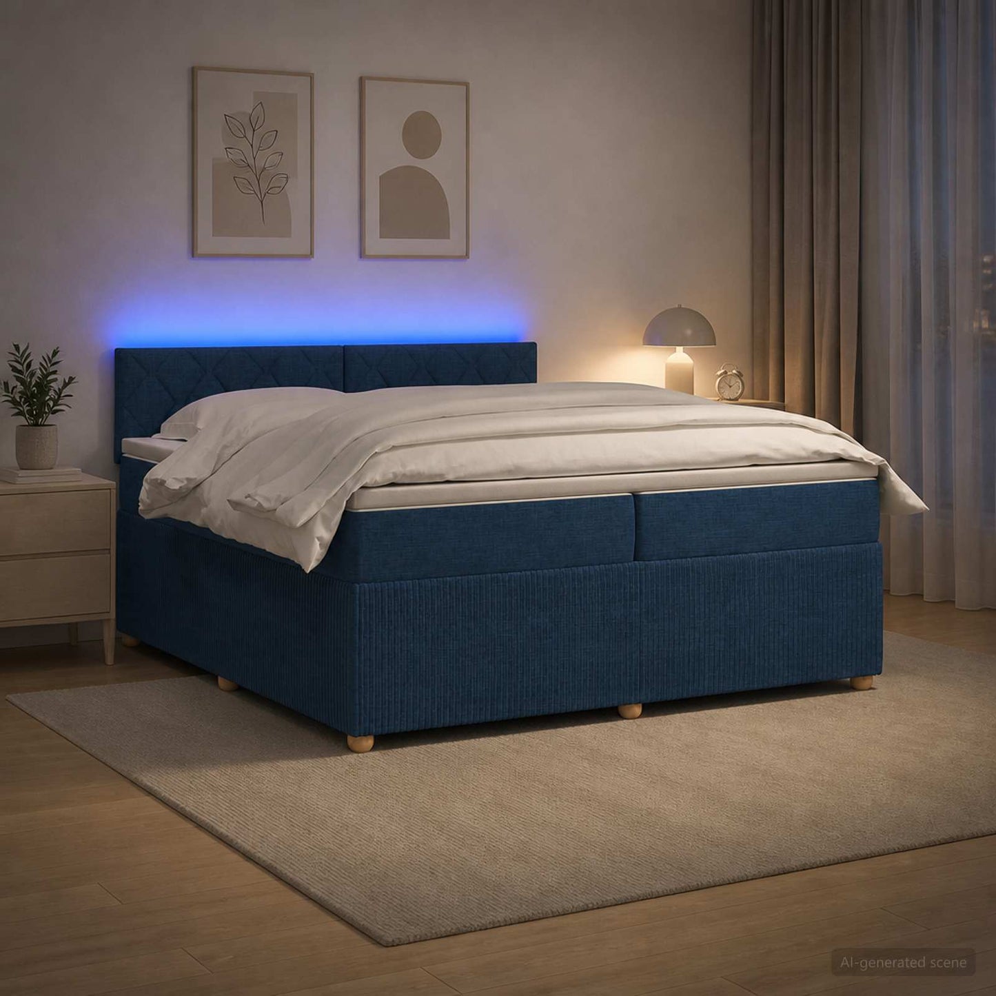Boxspring ágy matraccal LED szalagokkal Kék 200 x 200 cm Szövet