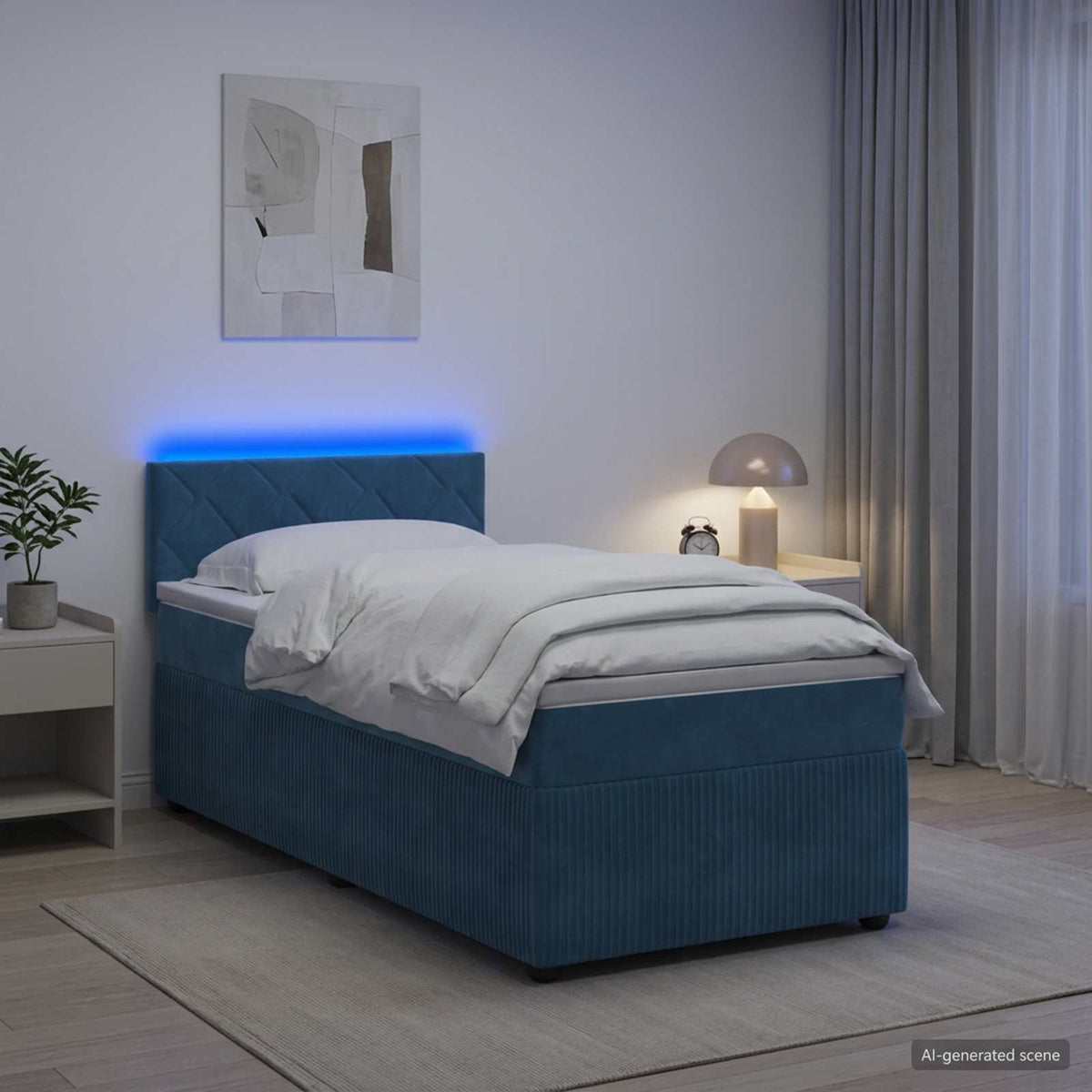 Boxspring ágy matraccal LED szalagokkal Kék 90 x 200 cm Bársony
