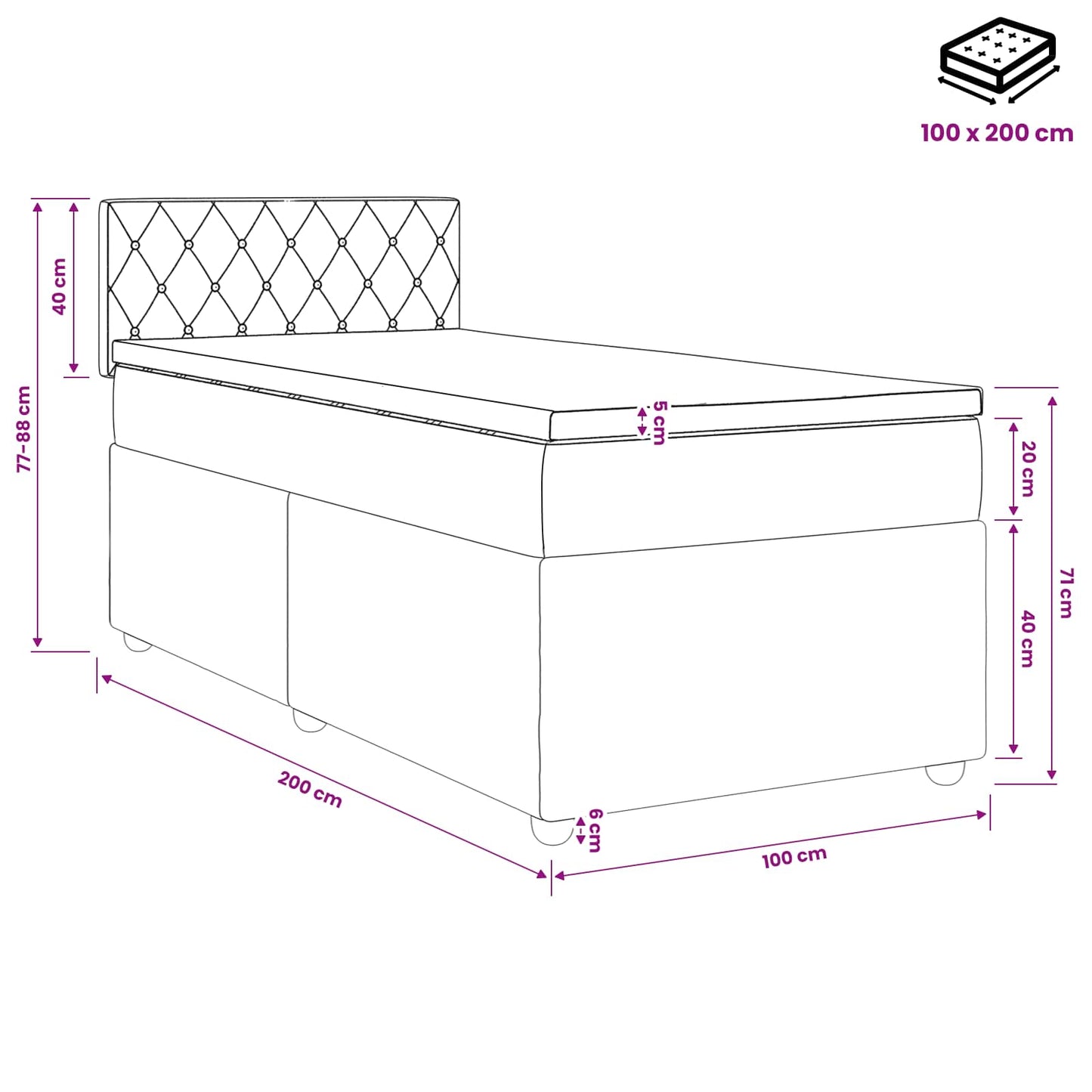 Boxspring ágy matraccal fejtámlával Fekete 100 x 200 cm Bársony