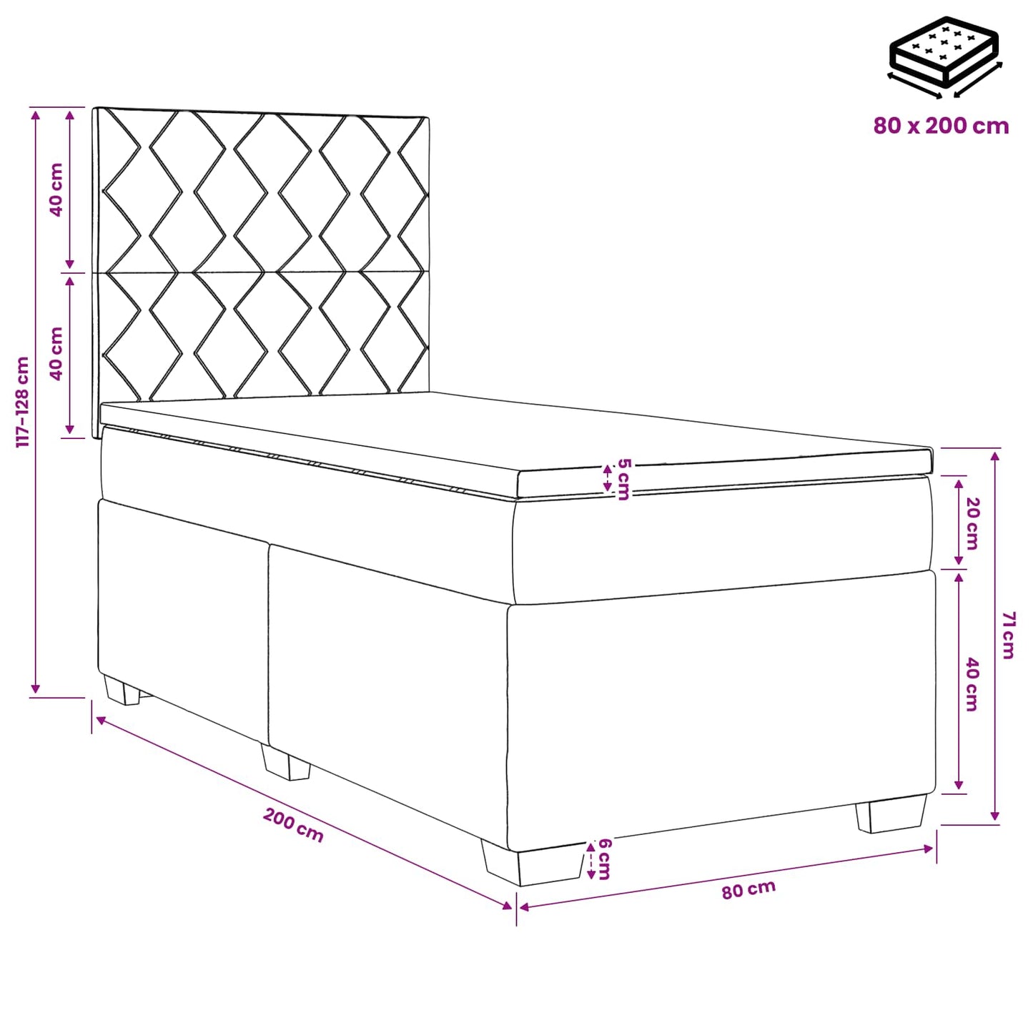 Boxspring ágy matraccal fejtámlával Fekete 80 x 200 cm Szövet