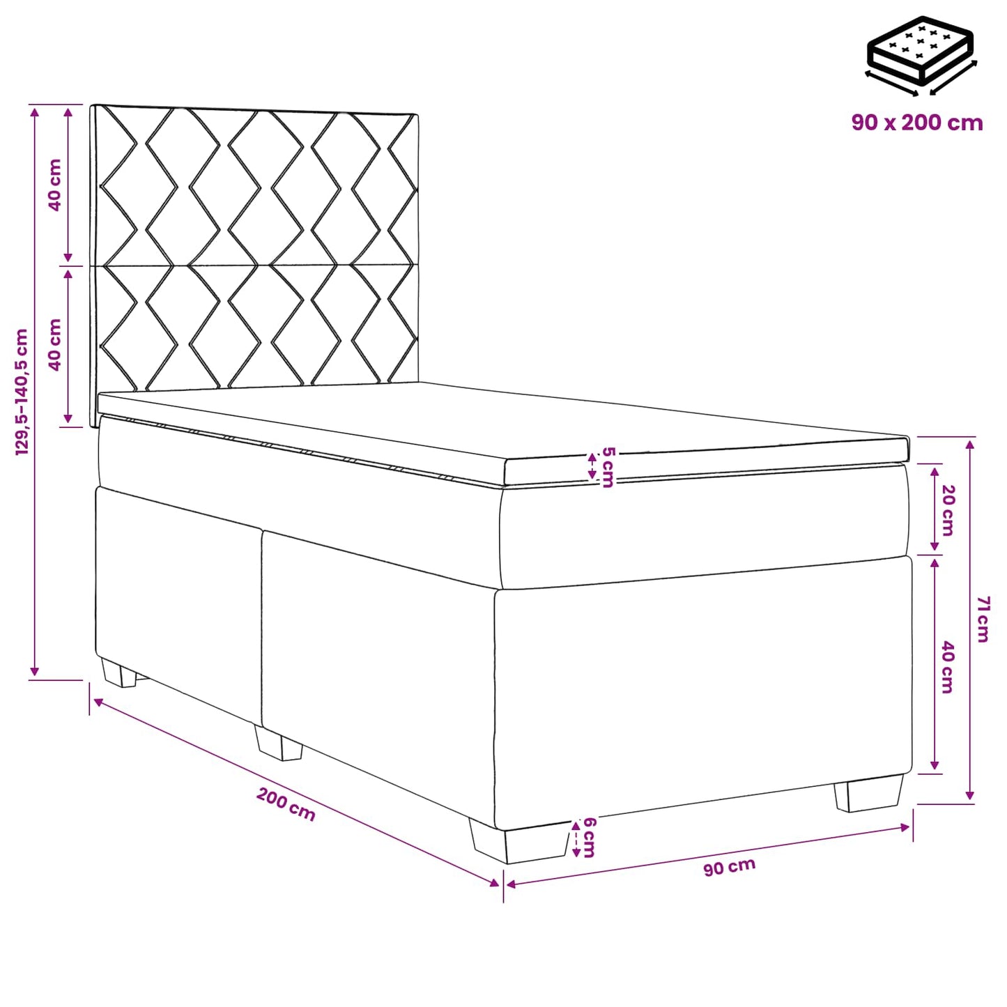 Boxspring ágy matraccal fejtámlával Fekete 90 x 200 cm Szövet