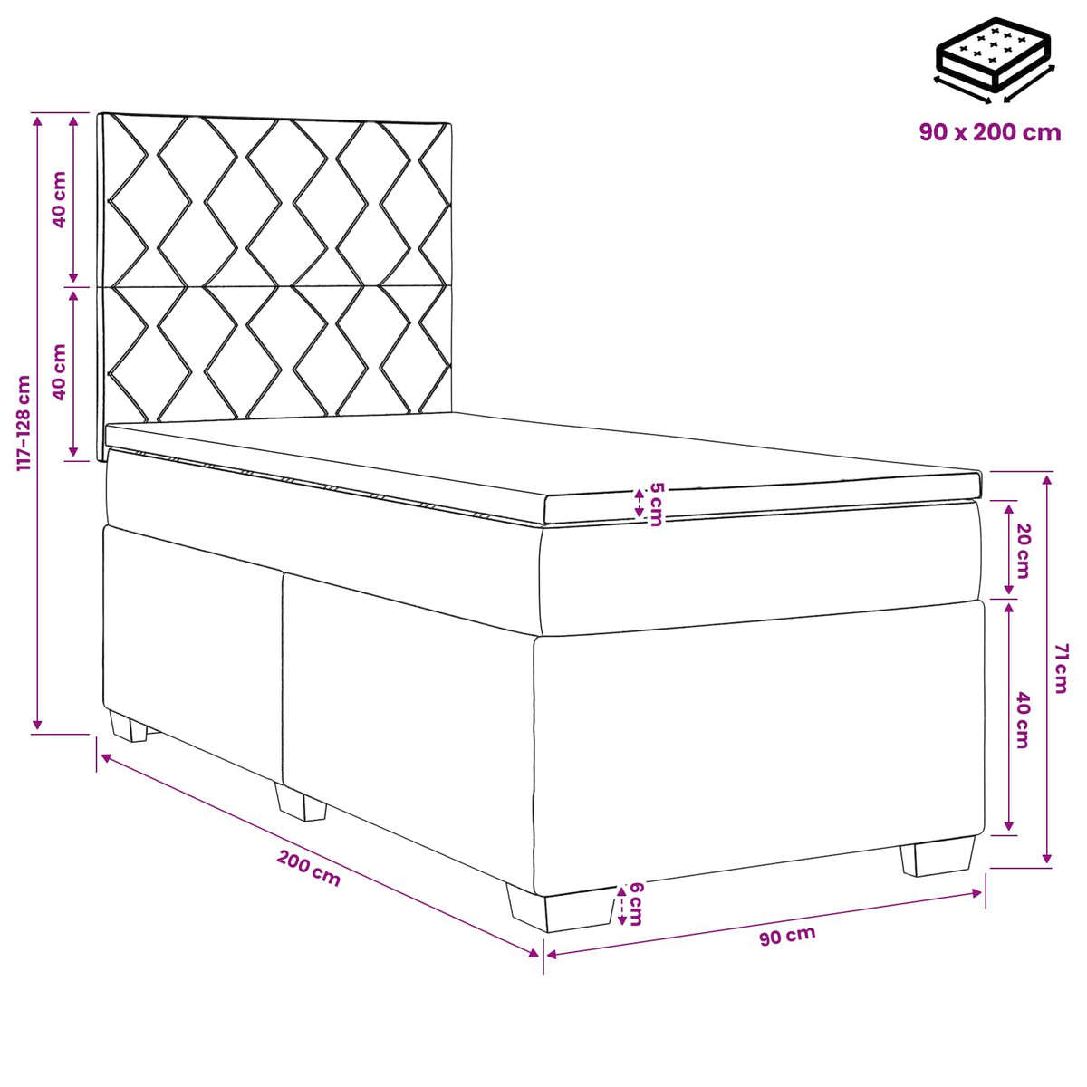Boxspring ágy matraccal fejtámlával Fekete 90 x 200 cm Bársony