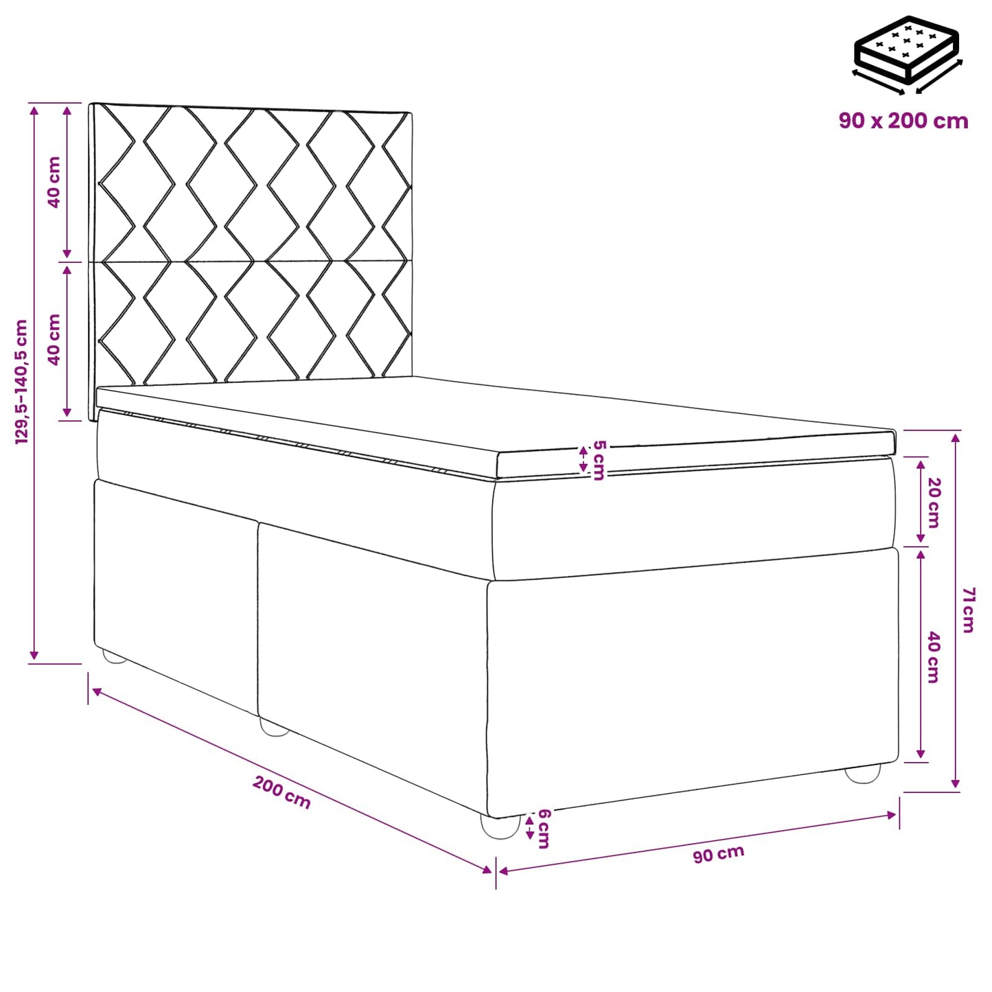 Boxspring ágy matraccal fejtámlával Fekete 90 x 200 cm Szövet