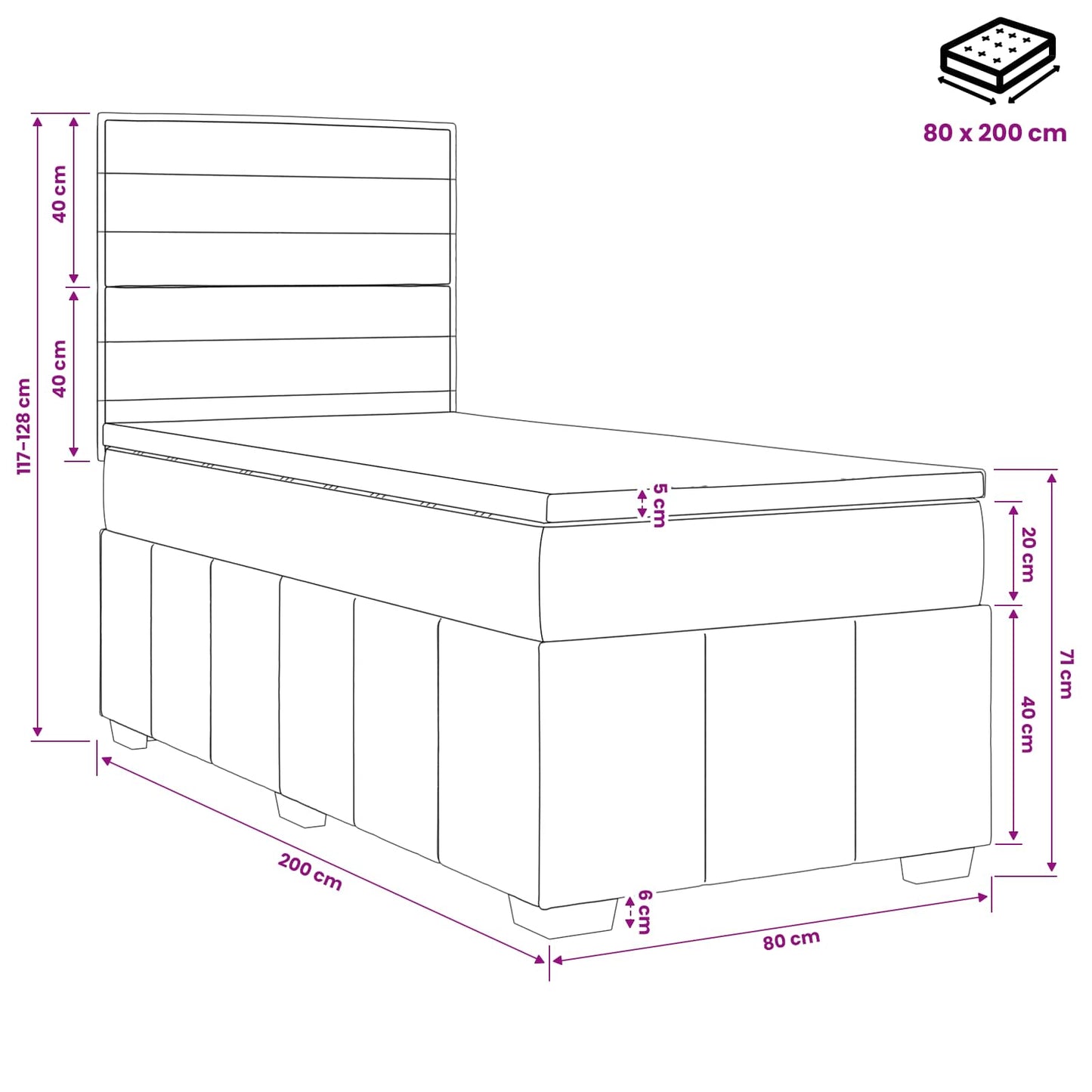 Boxspring ágy matraccal fejtámlával Fekete 80 x 200 cm Szövet