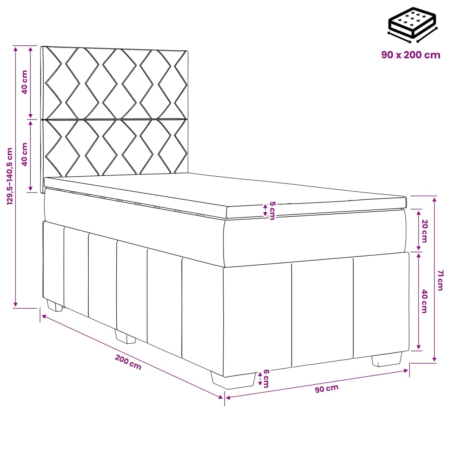 Boxspring ágy matraccal fejtámlával Fekete 90 x 200 cm Szövet