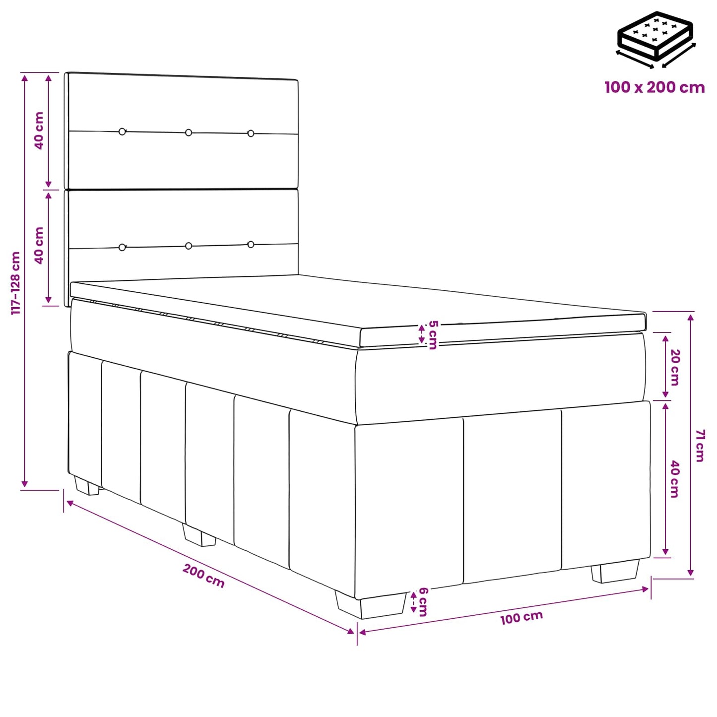 Boxspring ágy matraccal fejtámlával Fekete 100 x 200 cm Szövet