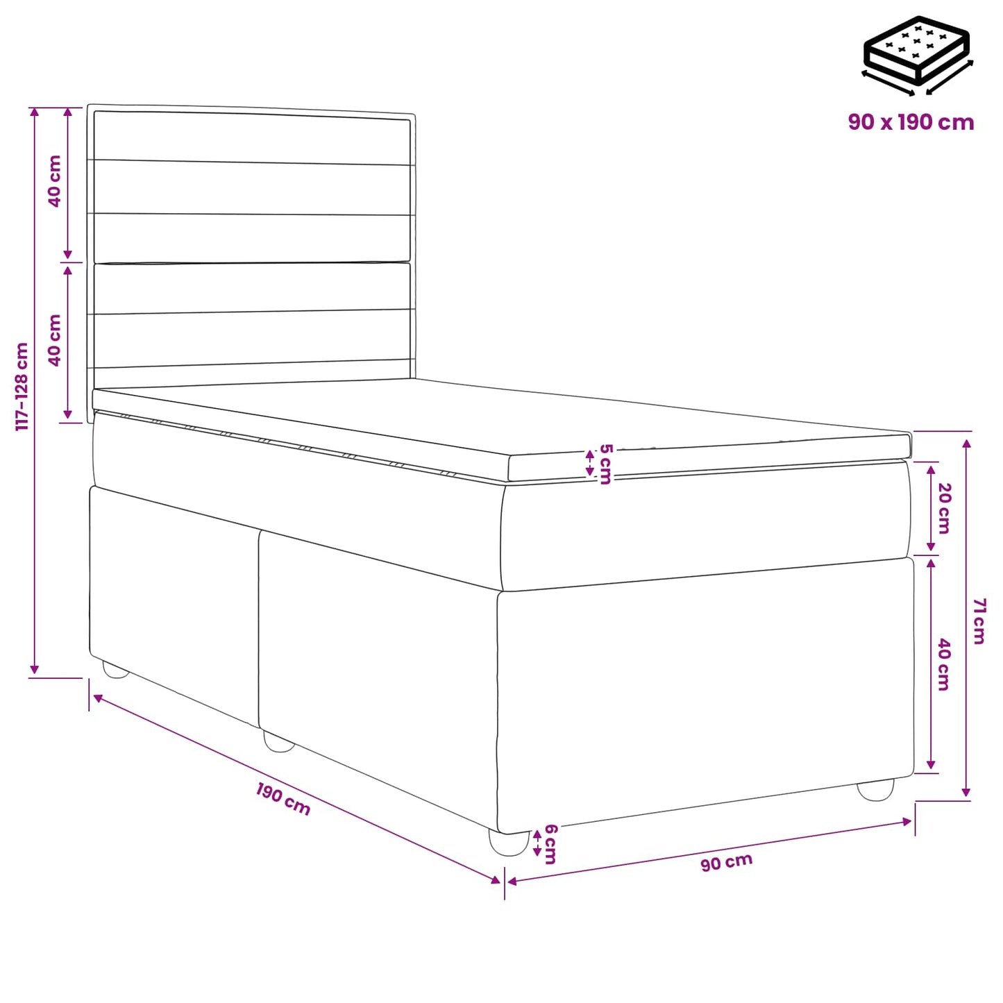 Boxspring ágy matraccal fejtámlával Fekete 90 x 190 cm Szövet