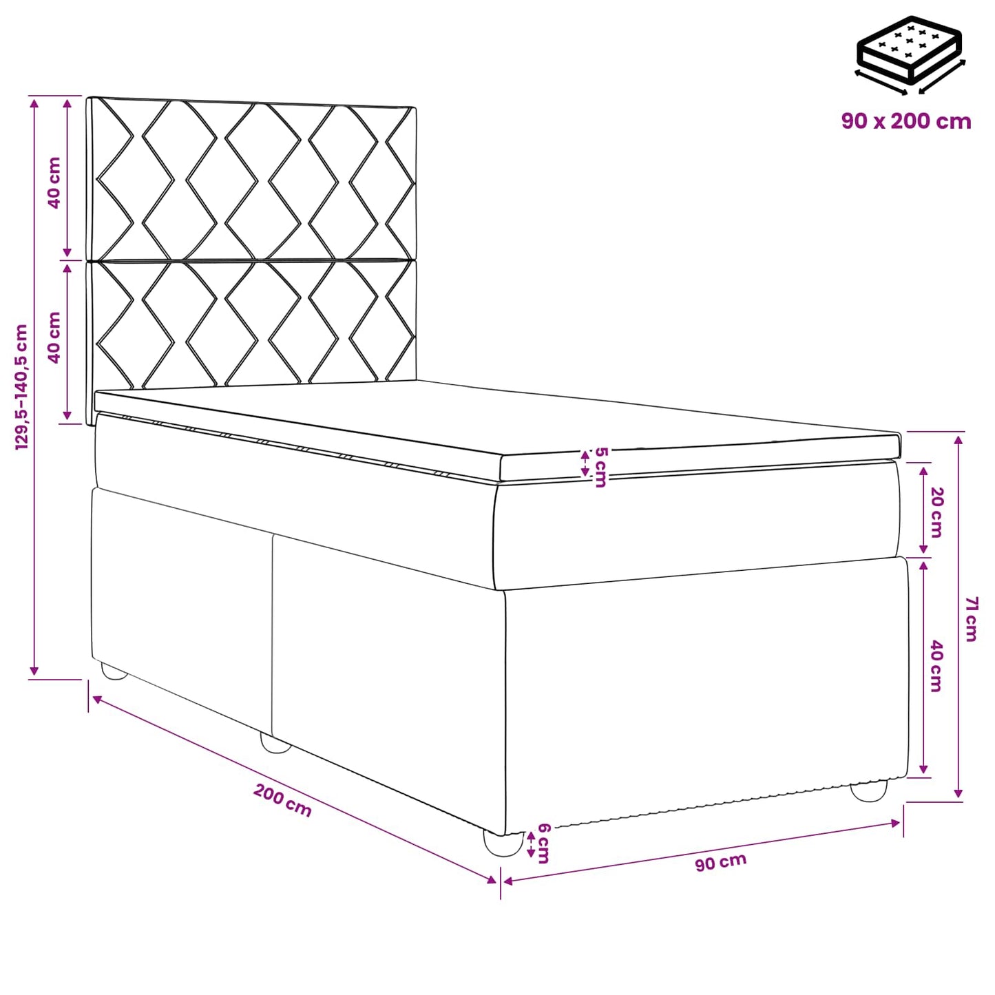 Boxspring ágy matraccal fejtámlával Fekete 90 x 200 cm Szövet