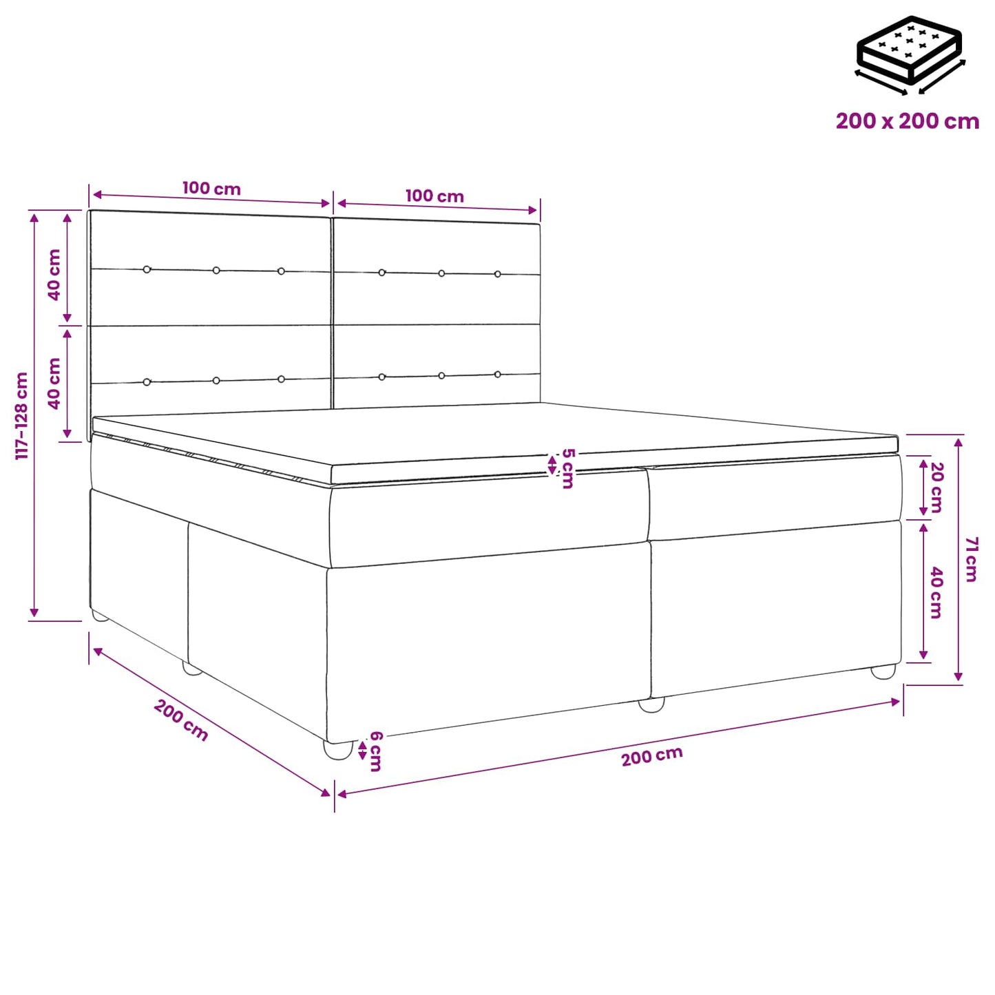 Boxspring ágy matraccal fejtámlával Fekete 200 x 200 cm Szövet