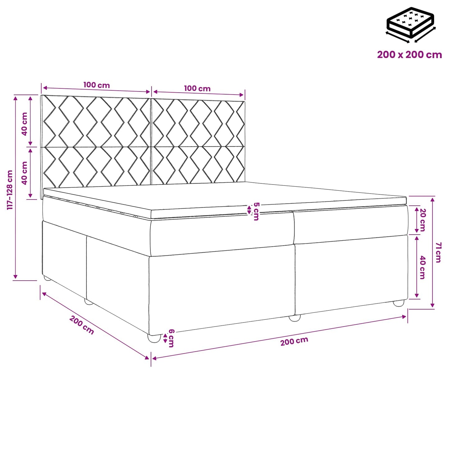 Boxspring ágy matraccal fejtámlával Fekete 200 x 200 cm Szövet