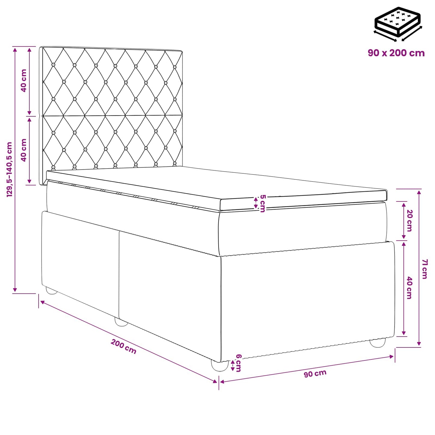 Boxspring ágy matraccal fejtámlával Fekete 90 x 200 cm Bársony