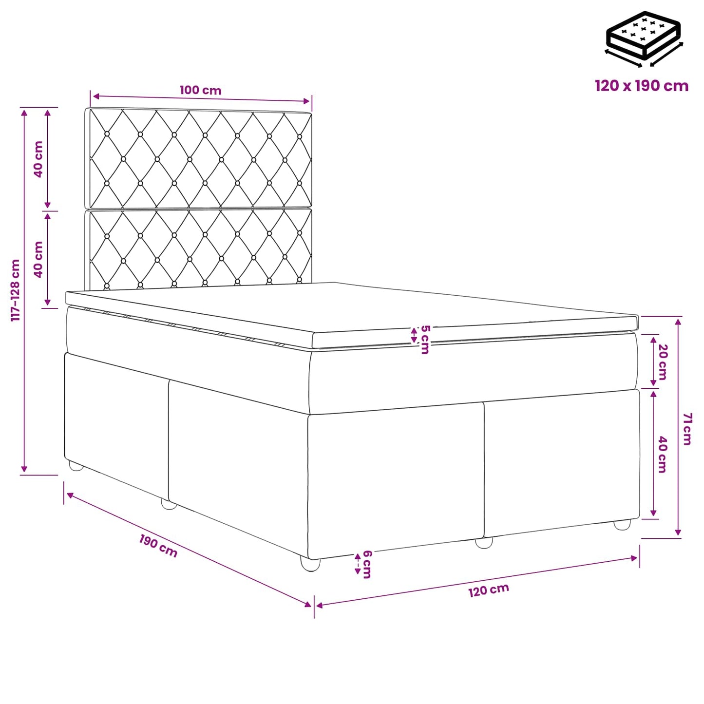 Boxspring ágy matraccal fejtámlával Fekete 120 x 190 cm Bársony