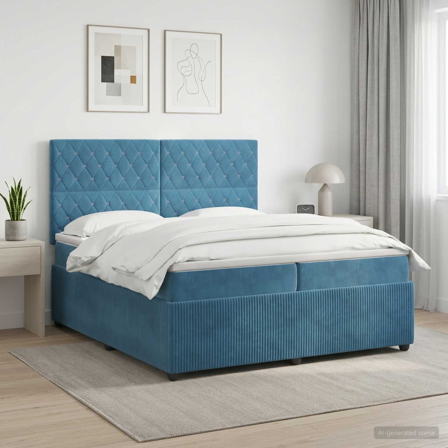Boxspring ágy matraccal fejtámlával Kék 200 x 200 cm Bársony