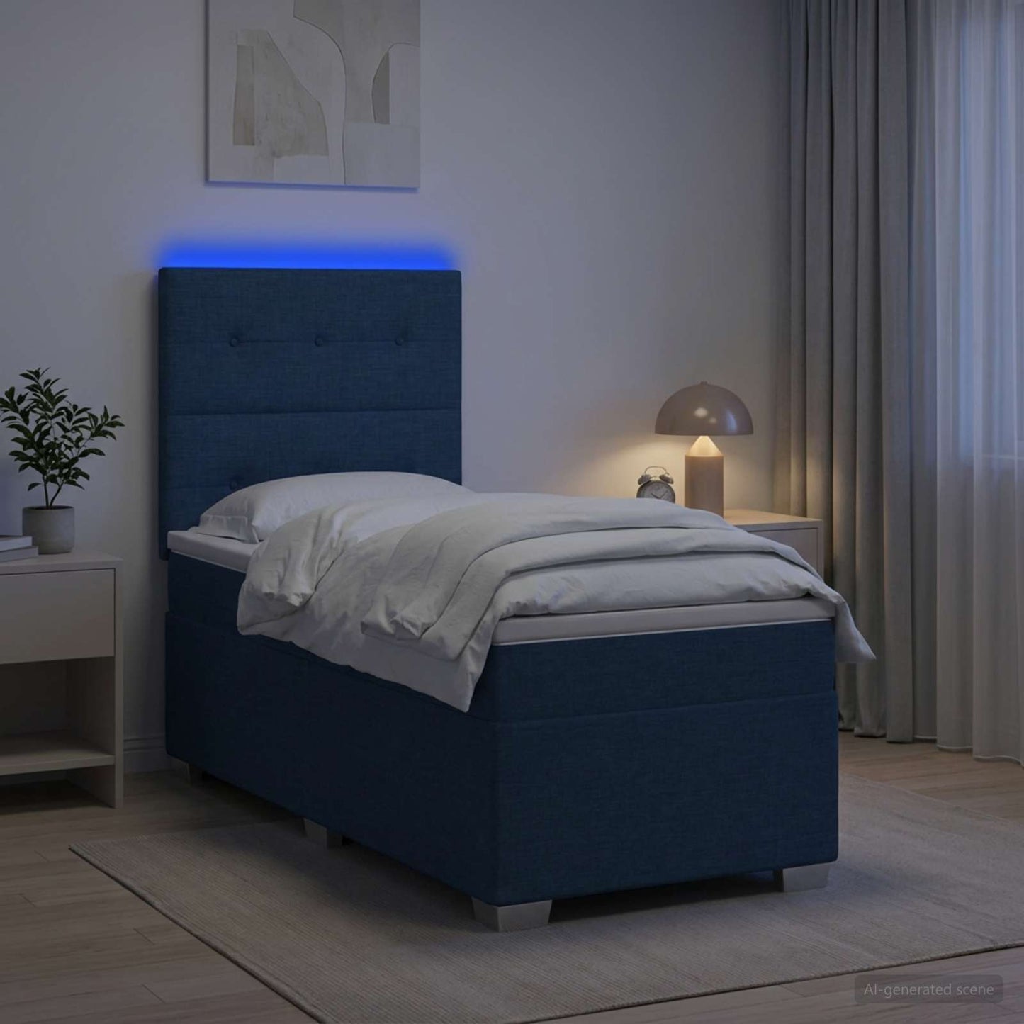 Boxspring ágy matraccal LED szalagokkal Kék 90 x 200 cm Szövet