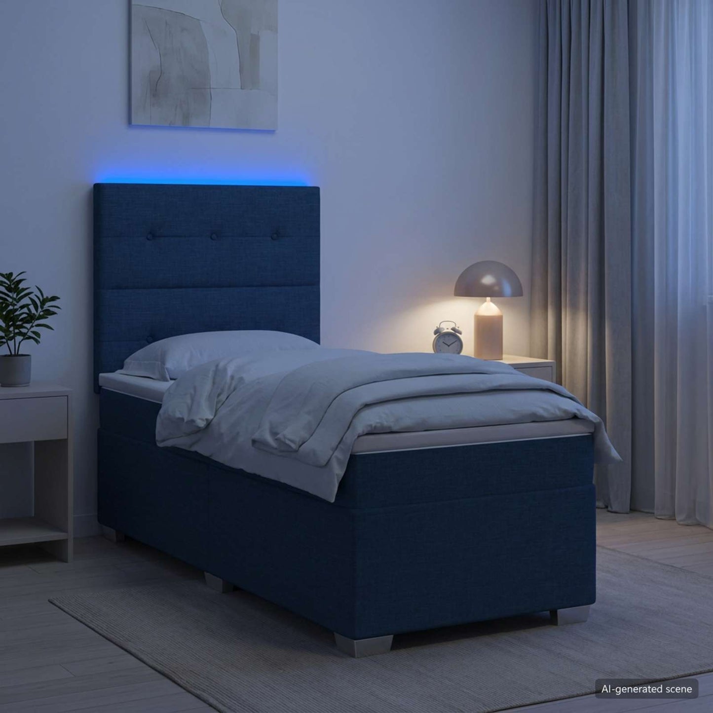 Boxspring ágy matraccal LED szalagokkal Kék 90 x 200 cm Szövet