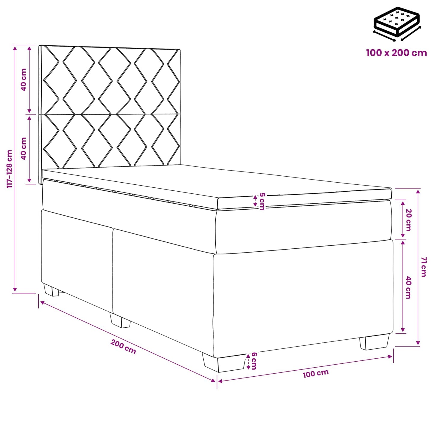 Boxspring ágy matraccal LED szalagokkal Kék 100 x 200 cm Szövet