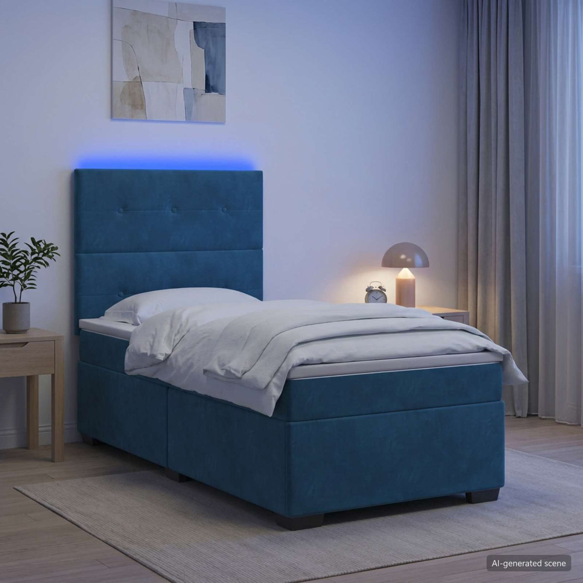 Boxspring ágy matraccal LED szalagokkal Kék 90 x 190 cm Bársony