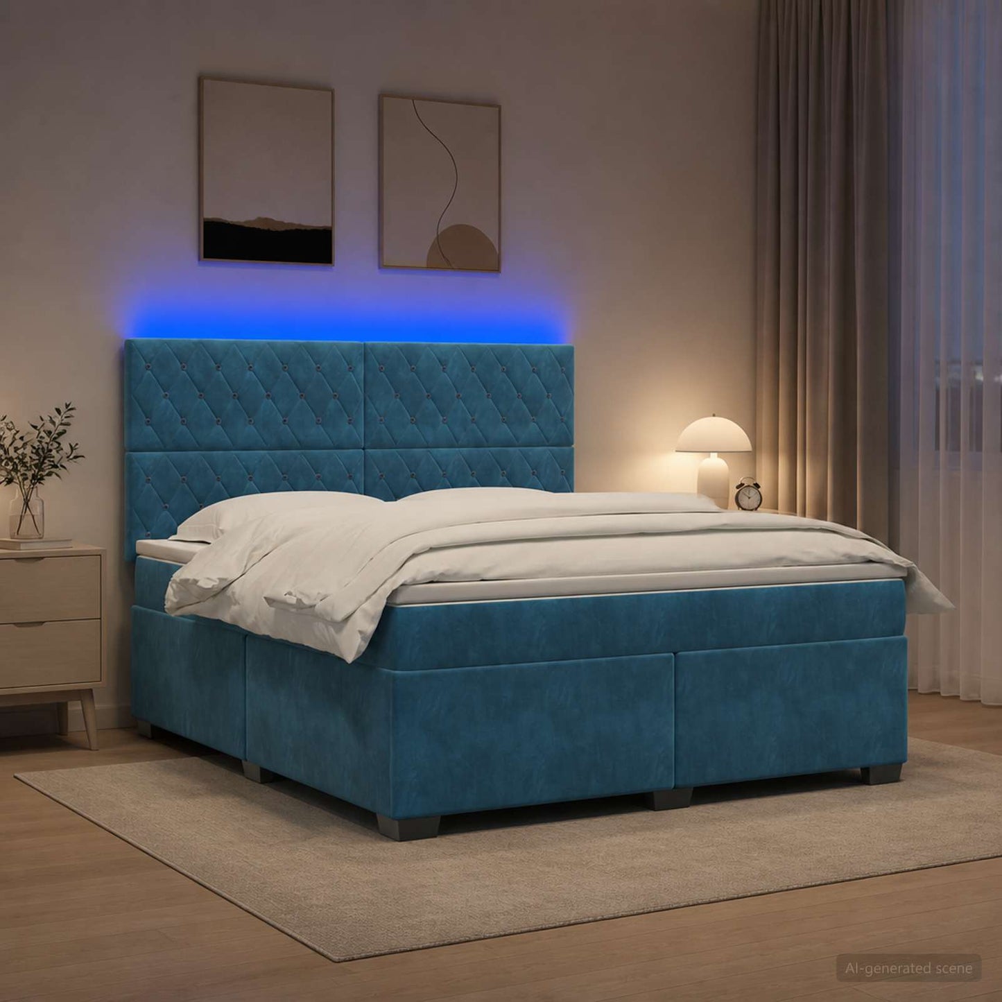 Boxspring ágy matraccal fejtámlával Kék 140 x 200 cm Bársony