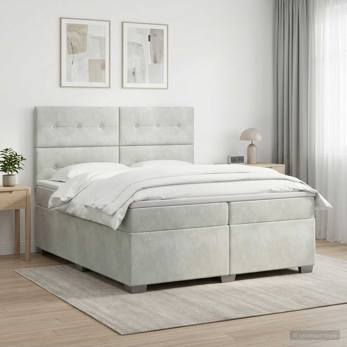 Boxspring ágy matraccal Világosszürke 200 x 200 cm Bársony