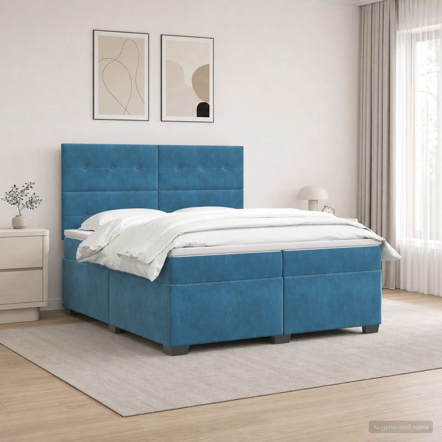 Boxspring ágy matraccal fejtámlával Kék 200 x 200 cm Bársony