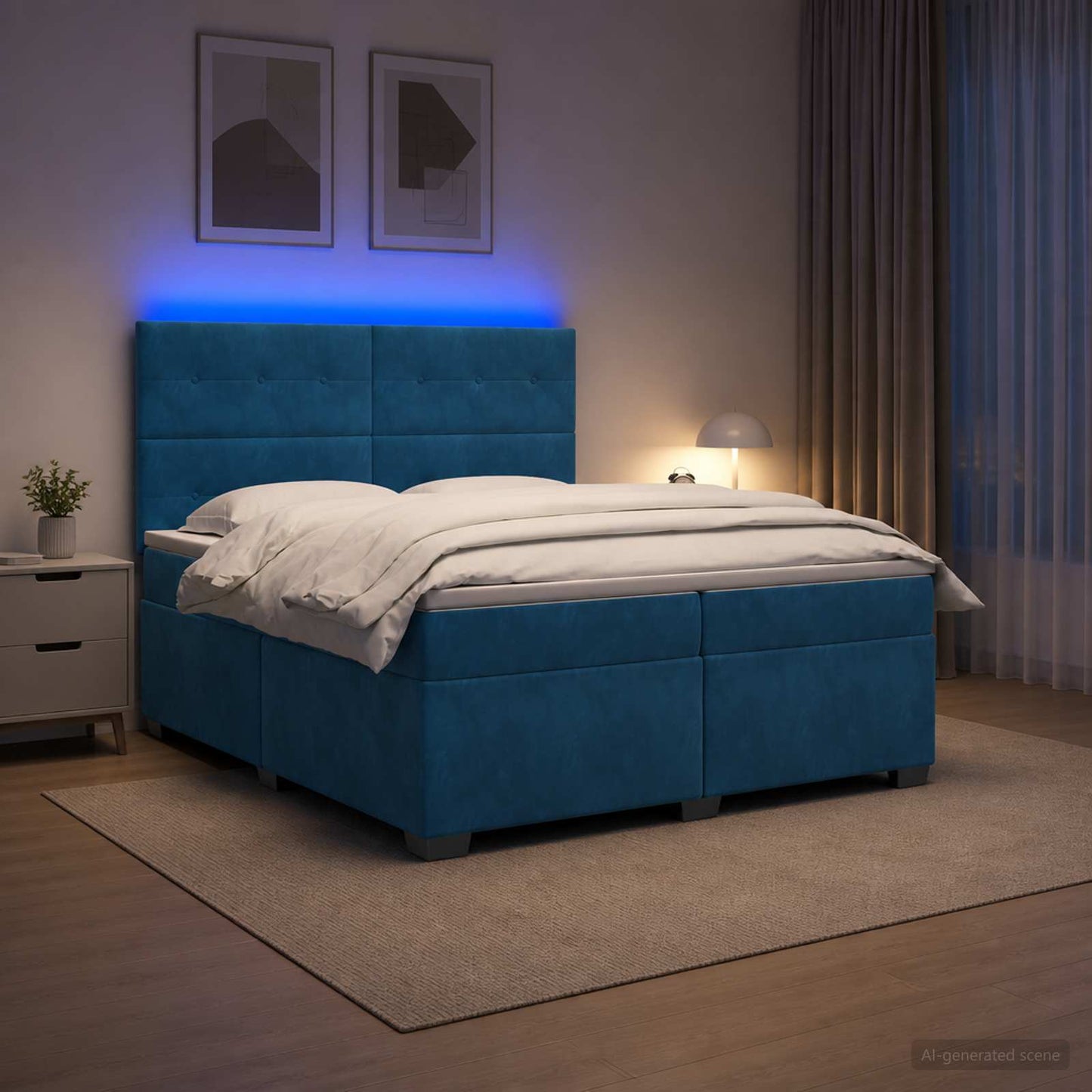 Boxspring ágy matraccal fejtámlával Kék 200 x 200 cm Bársony