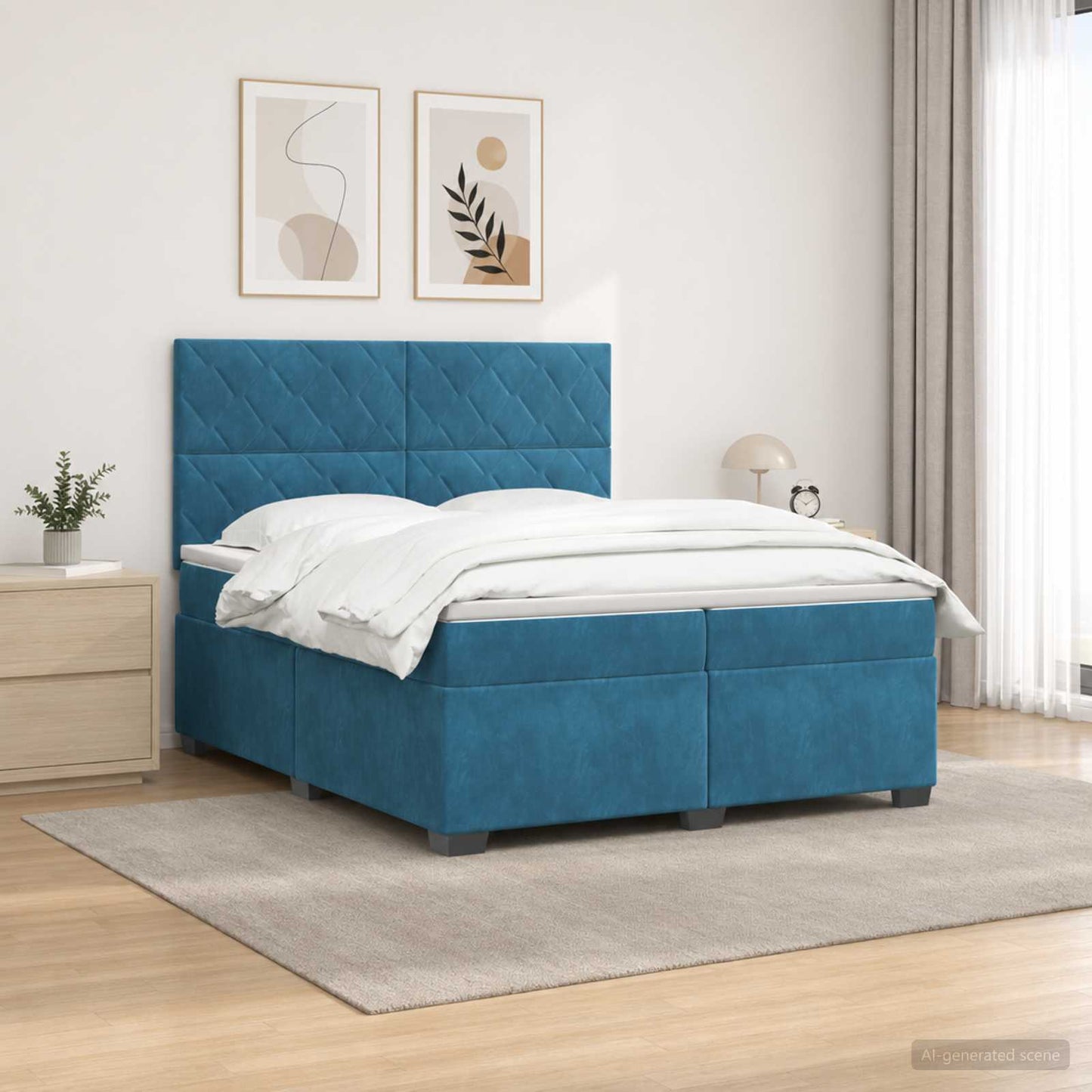 Boxspring ágy matraccal fejtámlával Kék 200 x 200 cm Bársony