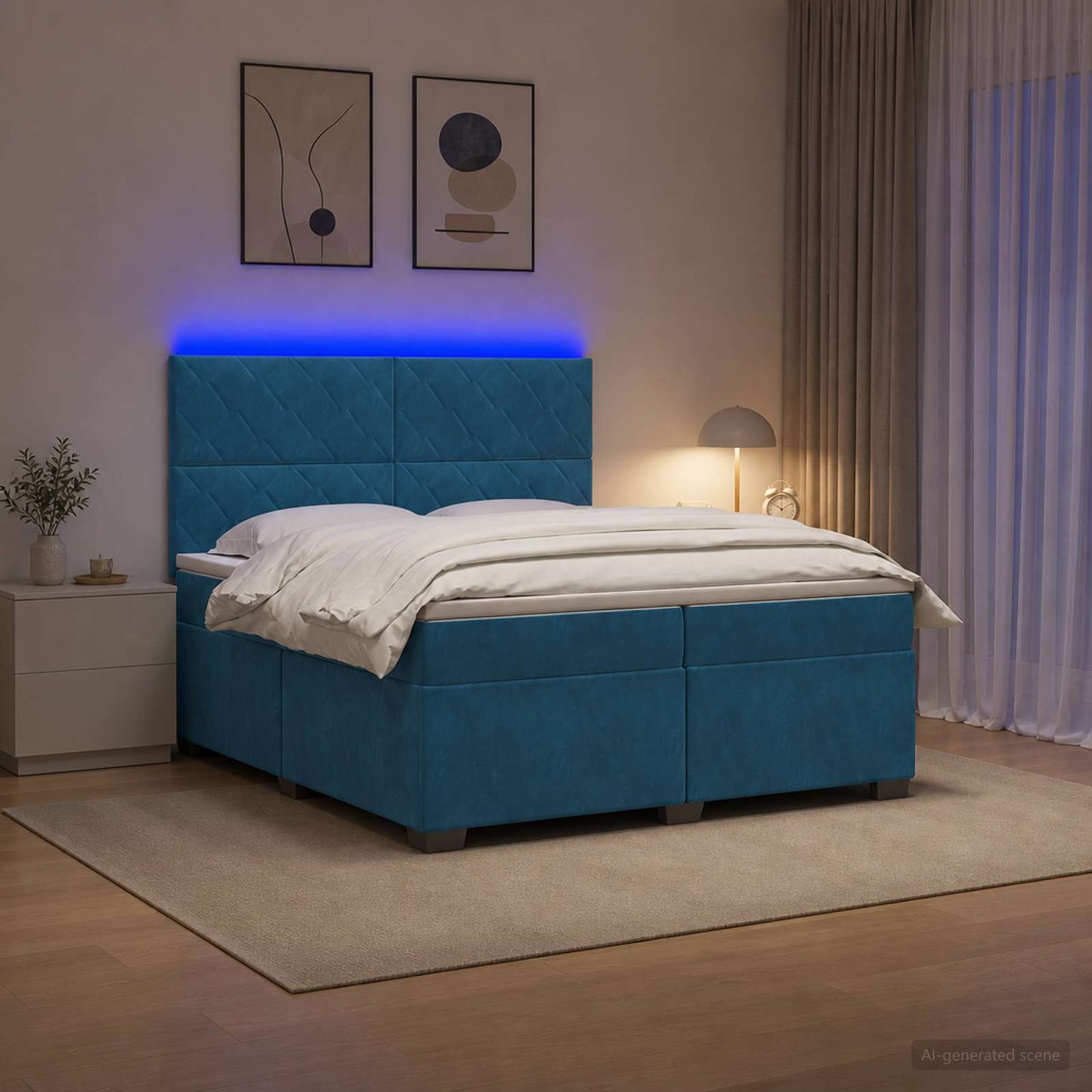 Boxspring ágy matraccal fejtámlával Kék 200 x 200 cm Bársony