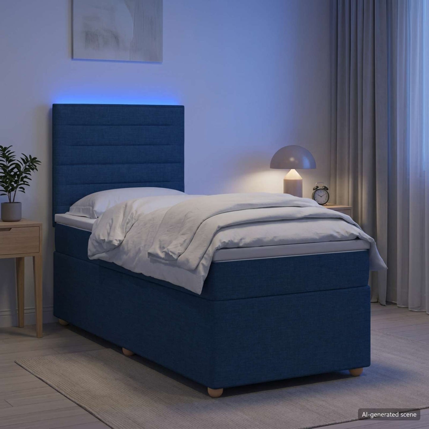 Boxspring ágy matraccal LED szalagokkal Kék 90 x 190 cm Szövet