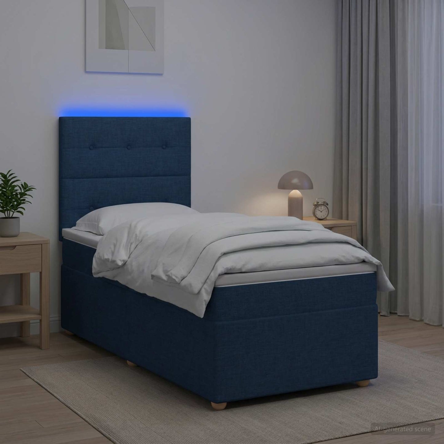 Boxspring ágy matraccal LED szalagokkal Kék 100 x 200 cm Szövet