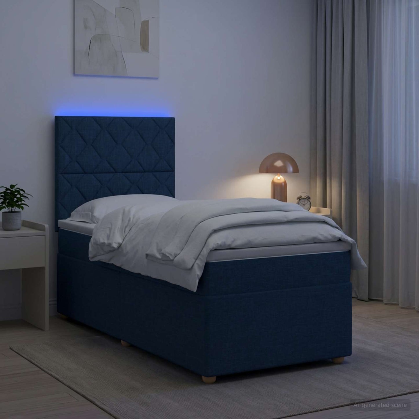 Boxspring ágy matraccal LED szalagokkal Kék 100 x 200 cm Szövet